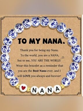 Heart 'NANA' Beaded Bracelet in Blue and White - Gift for Nana/Grandma